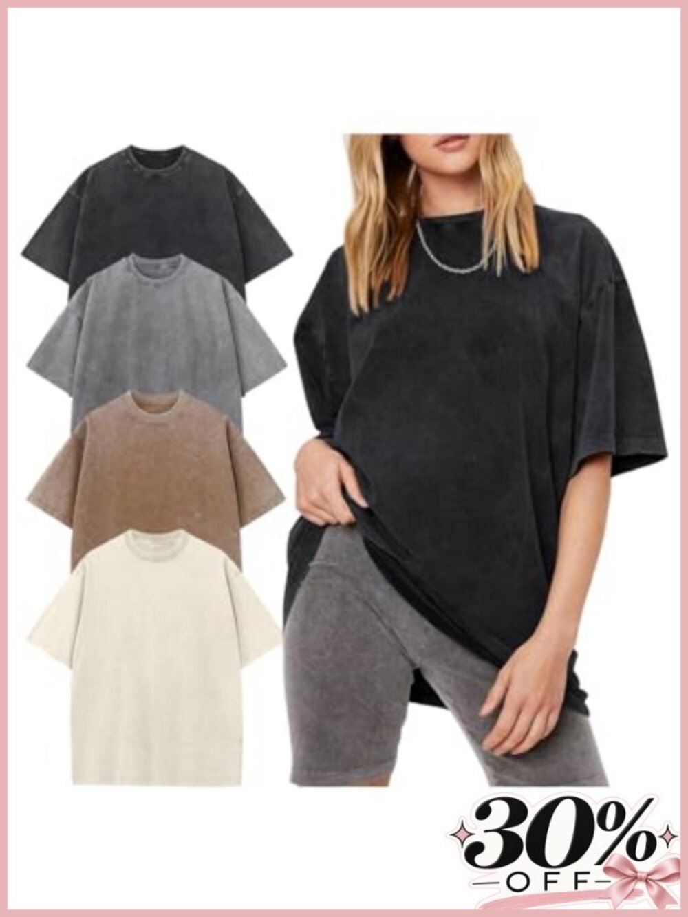 4 Pack Oversized Cotton Tee Shirts Boyfriend Fit Acid Wash Vintage Streetwear